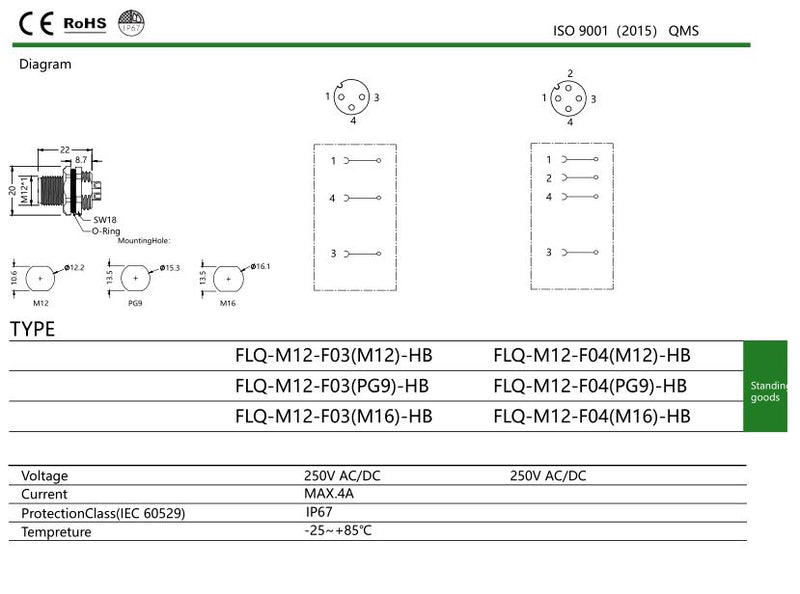 Field Assembly Sensor/Actuator Panel Mount Connector M12 4Pin Male/Female A-Coding Front Flange Joint.