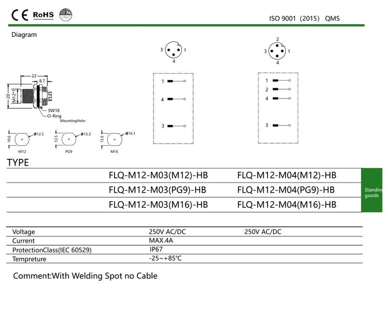 Field Assembly Sensor/Actuator Panel Mount Connector M12 4Pin Male/Female A-Coding Front Flange Joint.