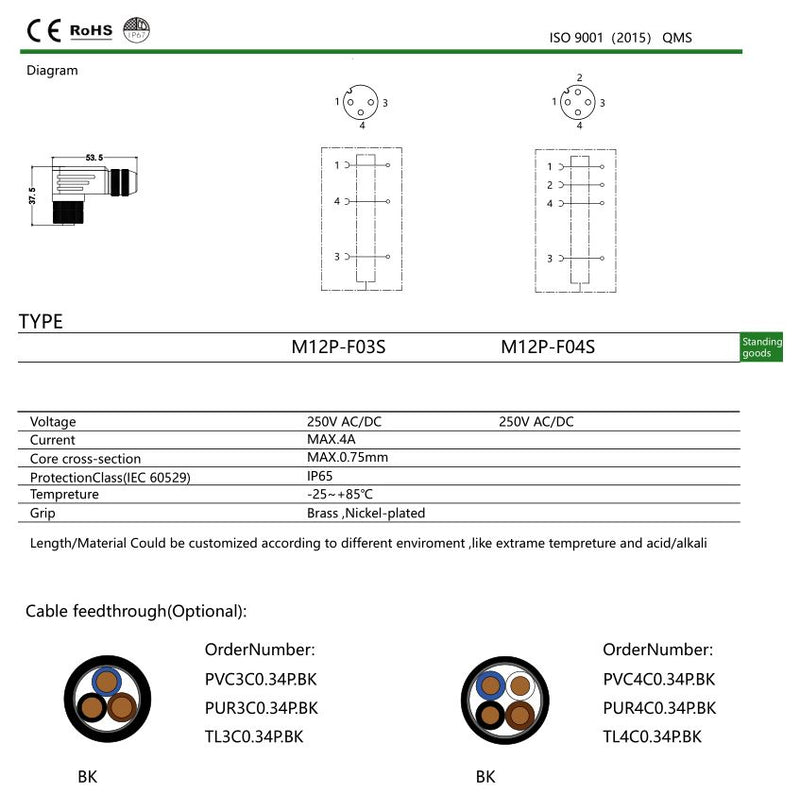 Industrial A-Coding M12 Shielded Elbow 3Pin/4Pin Circular Sensor Connectors Plug Adapter Fittings.