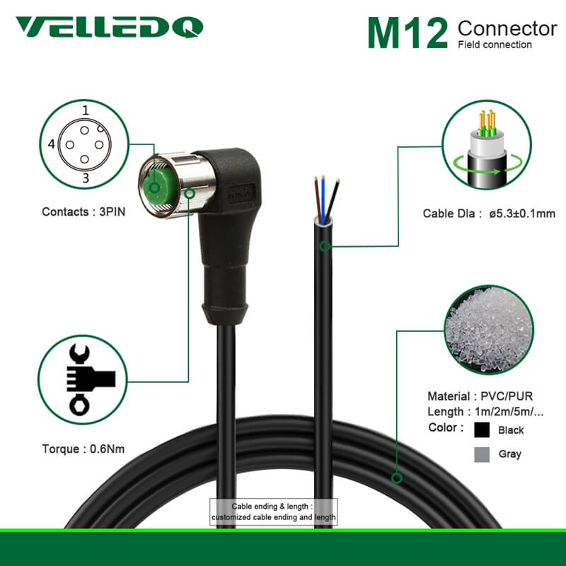 IP67 Industrial Pre-Wired M12 A-Coding 3PIN 4PIN Right Angle Circular Connector With 2M/3M/5M PVC Cable.