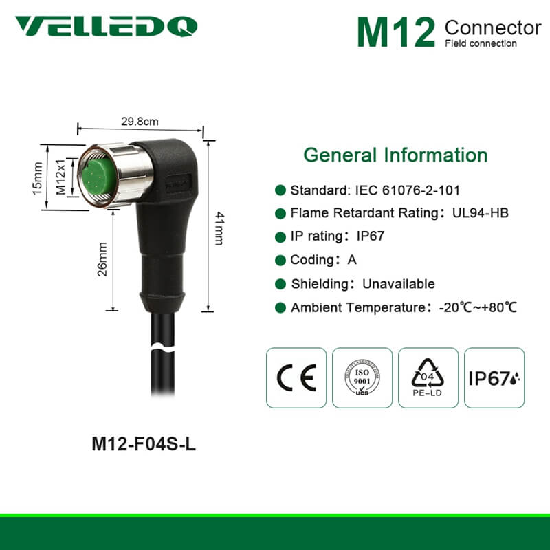 IP67 Industrial Pre-Wired M12 A-Coding 3PIN 4PIN Right Angle Circular Connector With 2M/3M/5M PVC Cable.