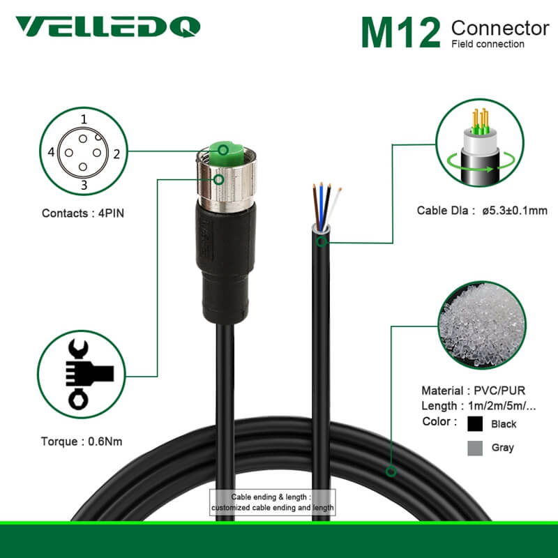 Industrial Pre-Wired M12 3PIN 4PIN Straight Connectors With 2M/3M/5M PVC Line and Cables.