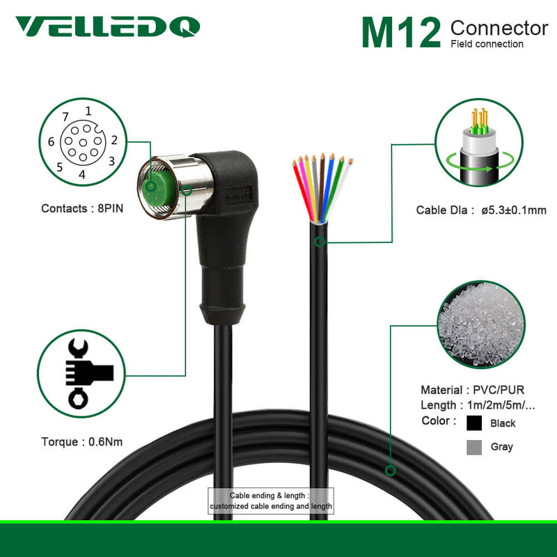 Waterproof IP67 Pre-wire M12 5PIN 8PIN Right Angle Sensor Connectors With 2M/3M/5M PVC Line/Cable.