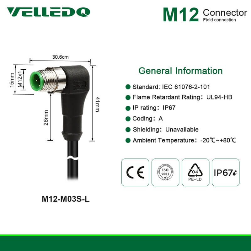 IP67 Industrial Pre-Wired M12 A-Coding 3PIN 4PIN Right Angle Circular Connector With 2M/3M/5M PVC Cable.