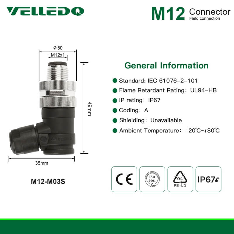 Waterproof IP67 Field-wireable M12 3Pin/4Pin Elbow Sensor Connector Plug Adapter Fittings.