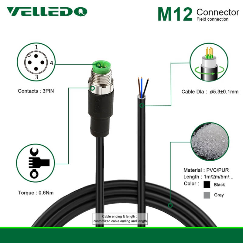 Industrial Pre-Wired M12 3PIN 4PIN Straight Connectors With 2M/3M/5M PVC Line and Cables.