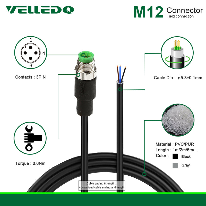 VELLEDQ Industrial Pre-Wired M12 Connector Cable 3-Pin Male Straight A-Coding 3M/10FT PVC Line Wiring Harness.