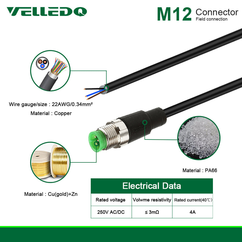 VELLEDQ Industrial Pre-Wired M12 Connector Cable 3-Pin Male Straight  A-Coding 3M/10FT PVC Line Wiring Harness.