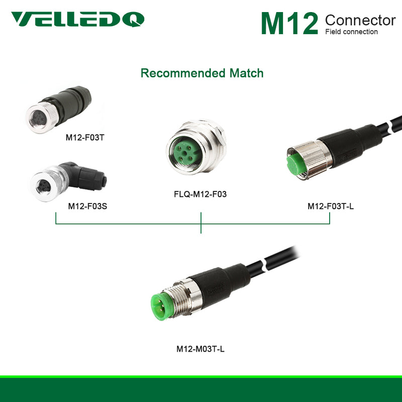 VELLEDQ Industrial Pre-Wired M12 Connector Cable 3-Pin Male Straight  A-Coding 3M/10FT PVC Line Wiring Harness.
