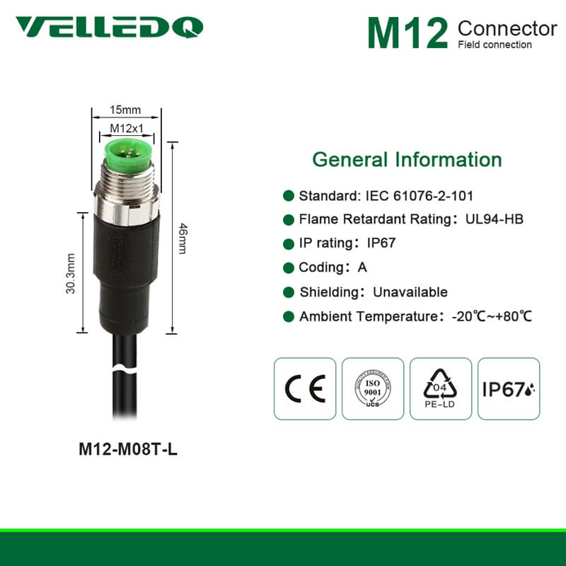 Industrial Field Assembly M12 12Pin A Coding Male/Female Sensor Connectors With 2M/3M/5M PVC Cable Cord Wire.