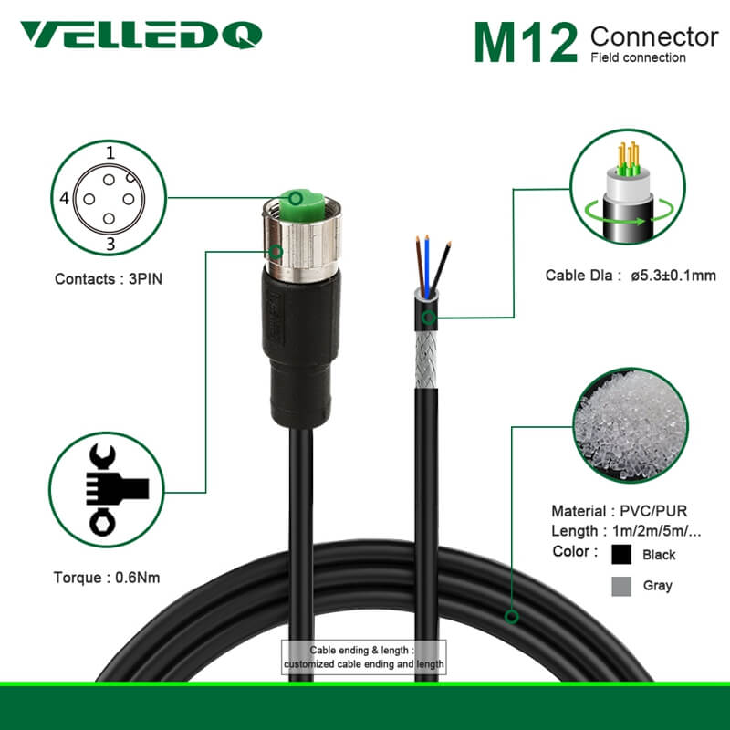 Pre-Wired M12 Shielded 3PIN 4PIN Straight Connectors With 2M/3M/5M PVC Line and Cables.