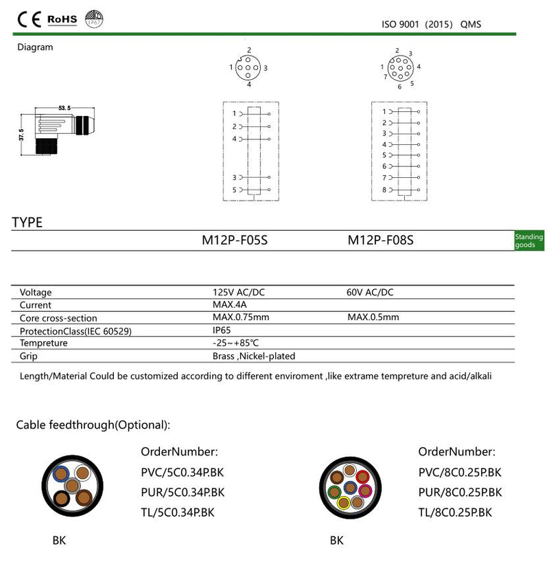 Field Assembly M12 Right Angle Connector 5/8Pin A Coding Industrial Sensor Plugs.