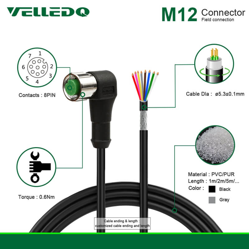 Waterproof IP67 Shielded M12 5PIN 8PIN Right Angle Sensor Connectors With 2M/3M/5M PVC Line/Cable.