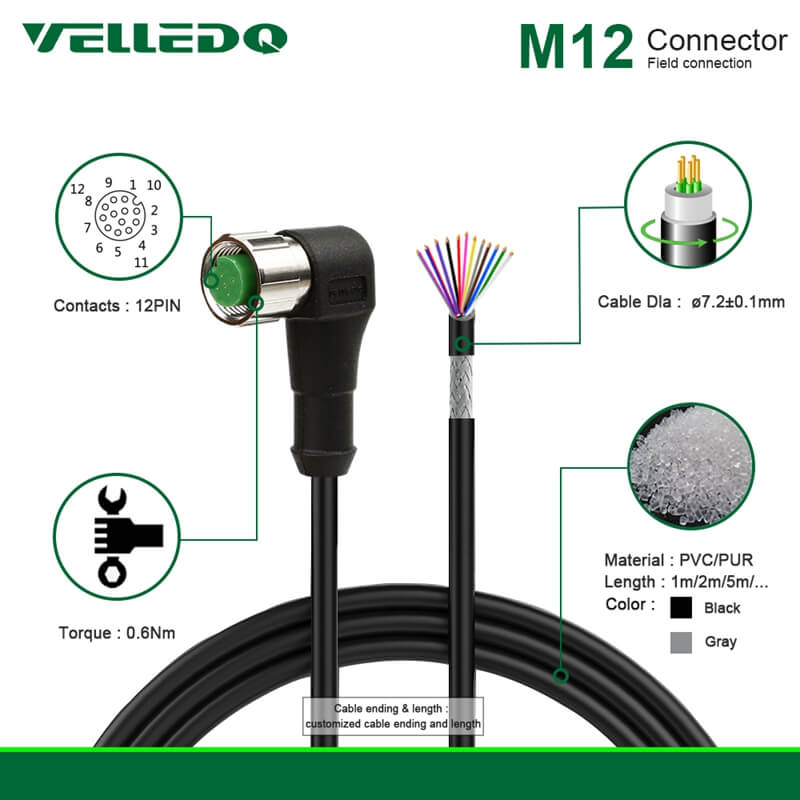 Field Assembly M12 Shielded Right Angle 12Pin Male/Female Sensor Connector With 2M/3M/5M Cable Cord/Wiring.