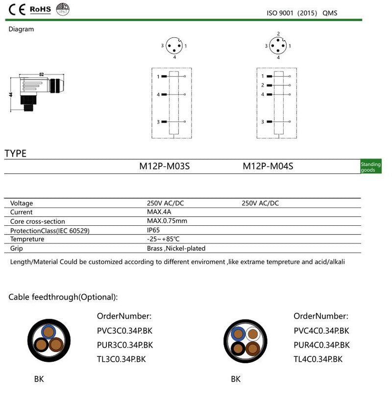 Industrial A-Coding M12 Shielded Elbow 3Pin/4Pin Circular Sensor Connectors Plug Adapter Fittings.