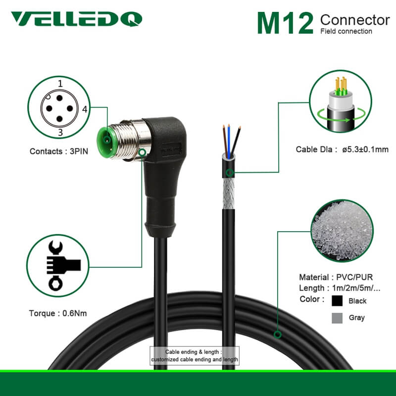 Pre-Wired Shielded M12 A-Coding 3PIN 4PIN Right Angle Circular Connector With 2M/3M/5M PVC Cable/Line.