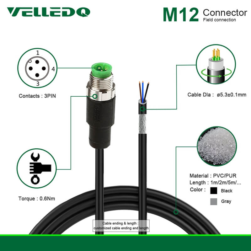 Pre-Wired M12 Shielded 3PIN 4PIN Straight Connectors With 2M/3M/5M PVC Line and Cables.