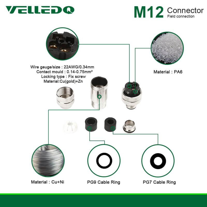 Waterproof FTP IP67 Industrial Field Assembly M12 Shielded Sensor Connectors and Screw Plugs.