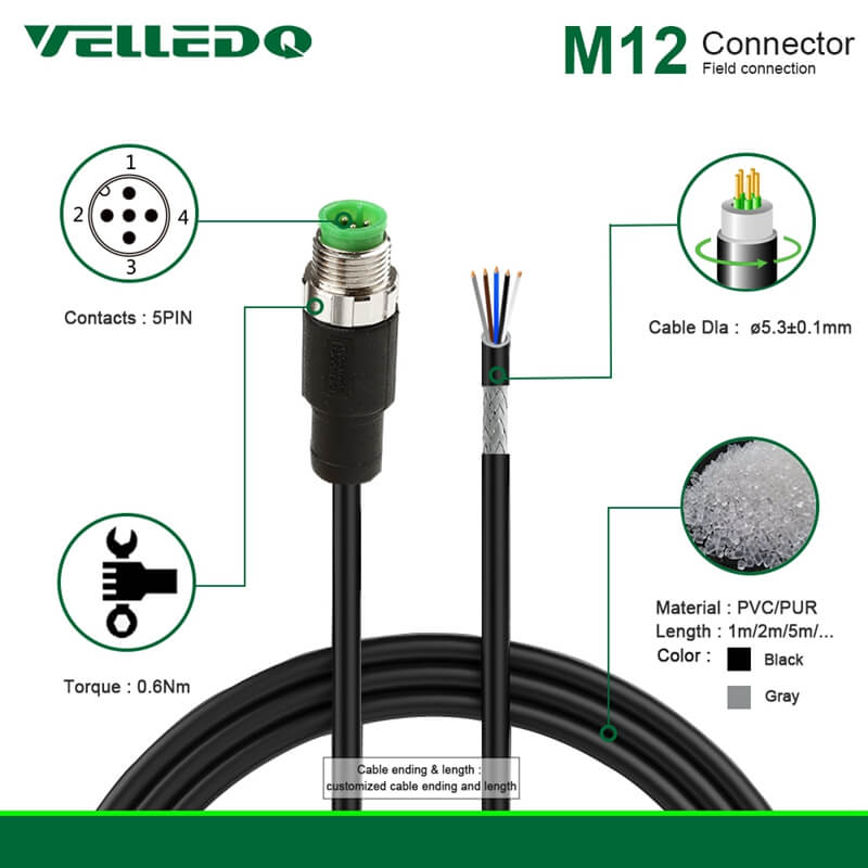 IP67 Industrial Shielded M12 Straight 5PIN 8PIN Circular Connector With 2M/3M/5M PVC Line Cable/Hardness Wiring.