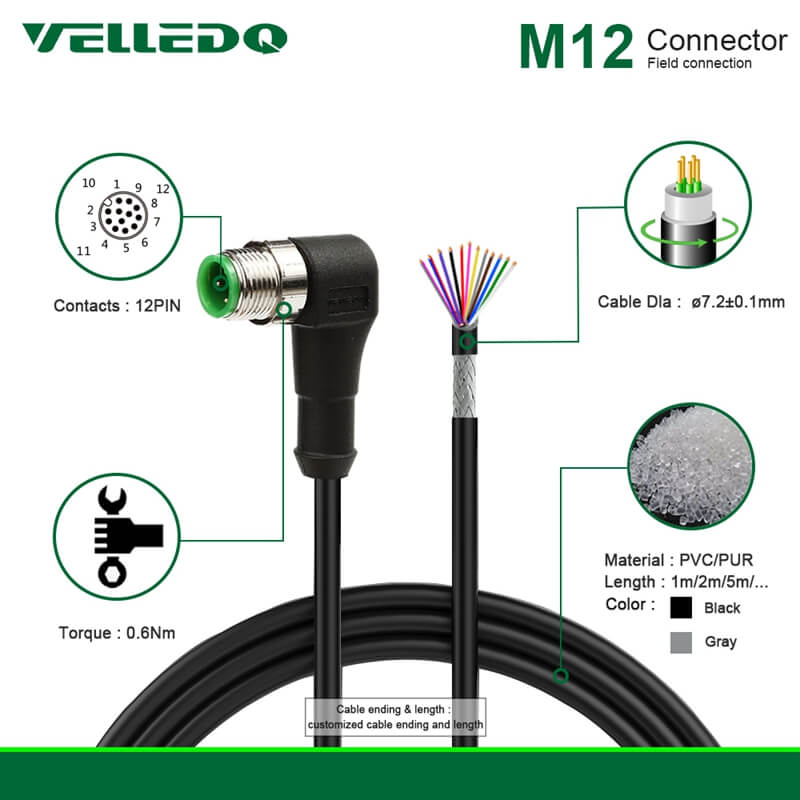 Field Assembly M12 Shielded Right Angle 12Pin Male/Female Sensor Connector With 2M/3M/5M Cable Cord/Wiring.