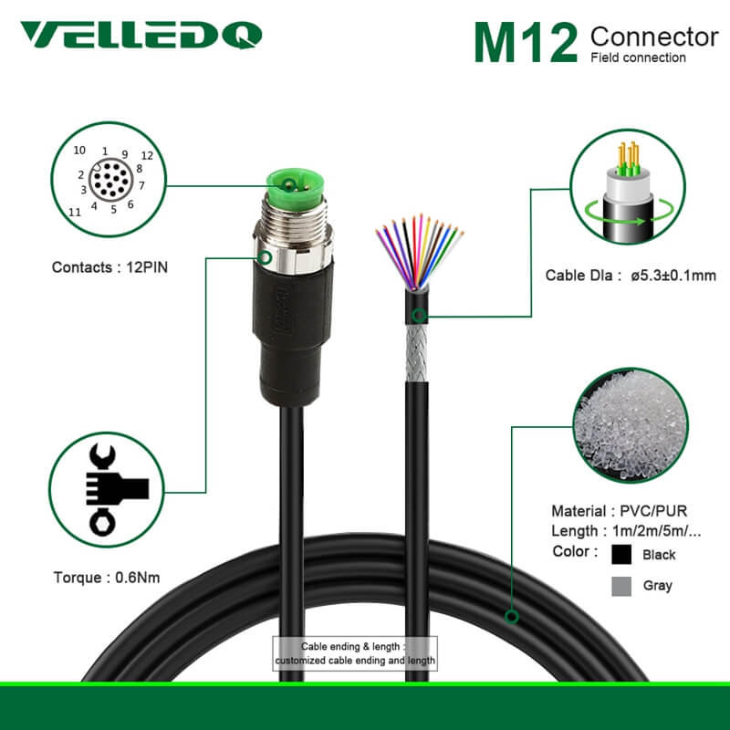 Precasting Hardness Wiring A-Coding Shielded M12 Straight 12PIN Male/Female Connector With 2M/3M/5M PVC Line/Cable.