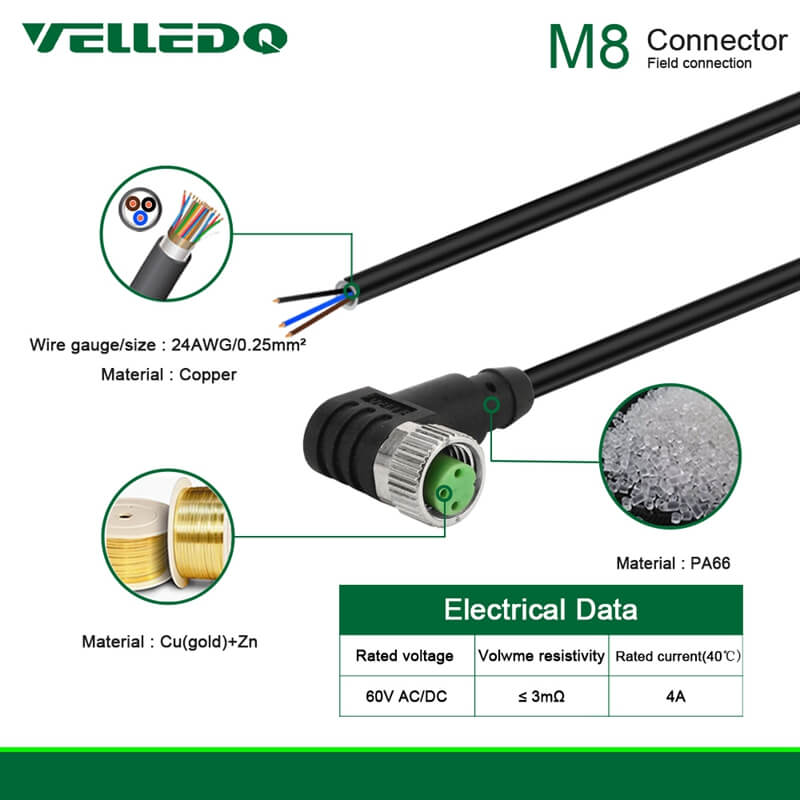 IP67 Waterproof Industrial Field Assembly Cable With M8 3/4Pin Right Angle Sensor Connectors.