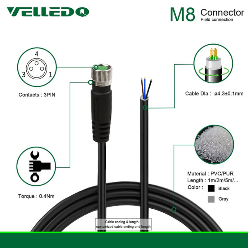 Field Assembly Wire M8 A Coding 3/4Pin Sensor Connectors With 2M/3M/5M PVC Length Cable Cord.