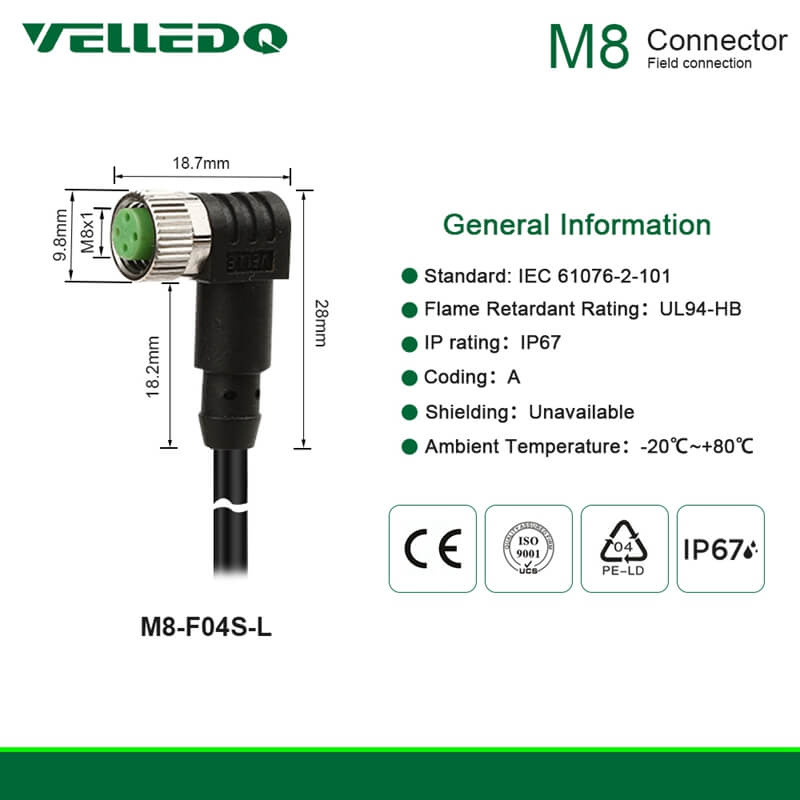 IP67 Waterproof Industrial Field Assembly Cable With M8 3/4Pin Right Angle Sensor Connectors.