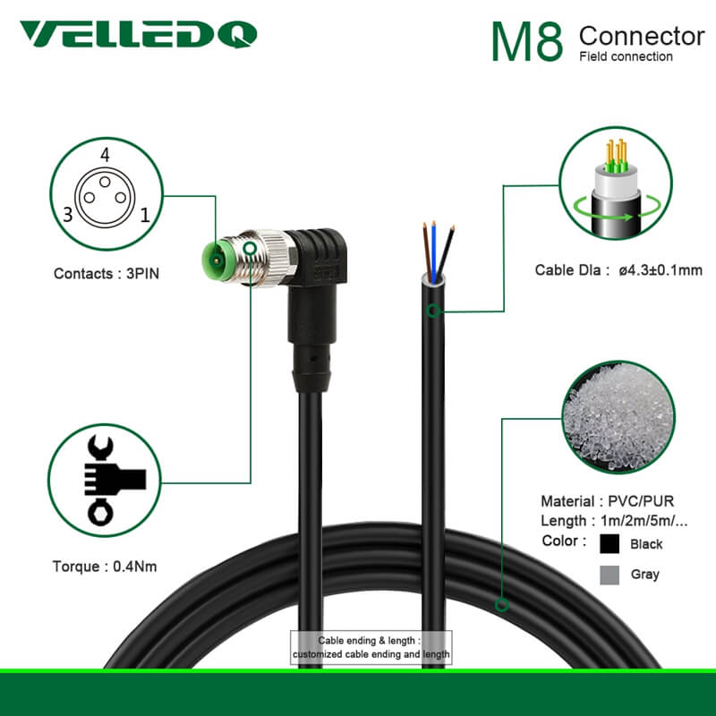 IP67 Waterproof Industrial Field Assembly Cable With M8 3/4Pin Right Angle Sensor Connectors.