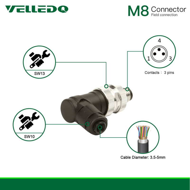 Industrial Field-wireable M8 Right Angle 3/4Pin Male/Female Circular Sensor Connector.