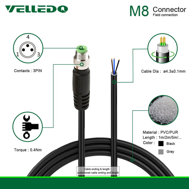 Field Assembly Wire M8 A Coding 3/4Pin Sensor Connectors With 2M/3M/5M PVC Length Cable Cord.