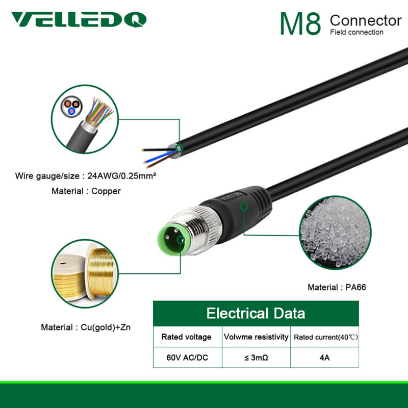 Field Assembly Wire M8 A Coding 3/4Pin Sensor Connectors With 2M/3M/5M PVC Length Cable Cord.