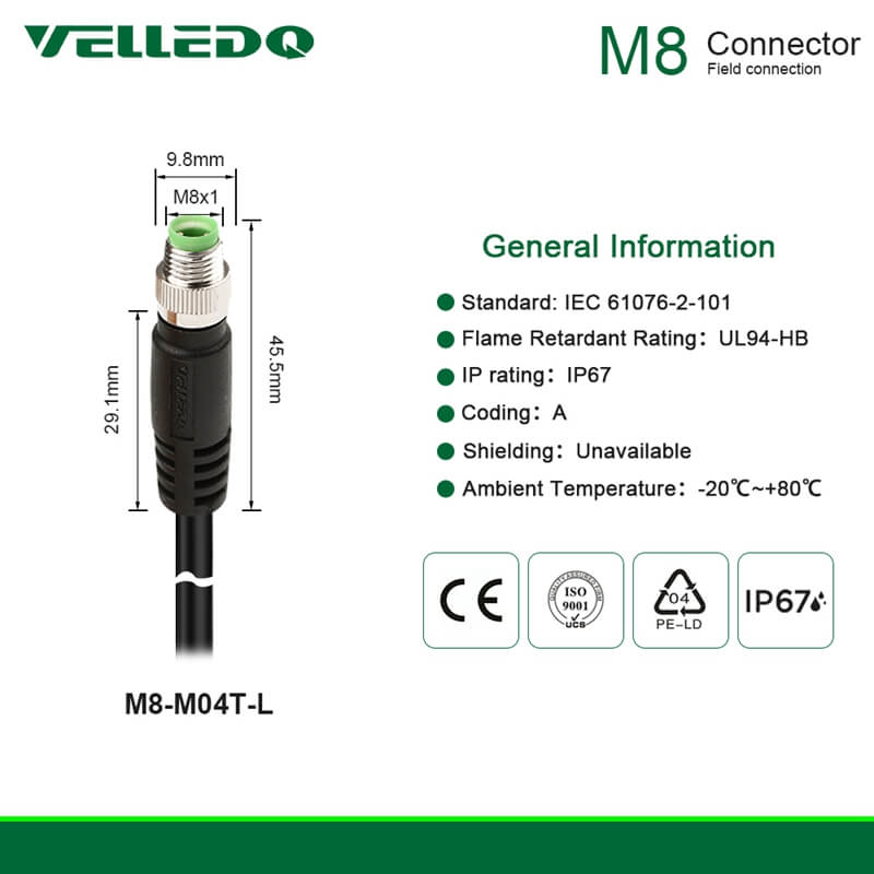 Field Assembly Wire M8 A Coding 3/4Pin Sensor Connectors With 2M/3M/5M PVC Length Cable Cord.