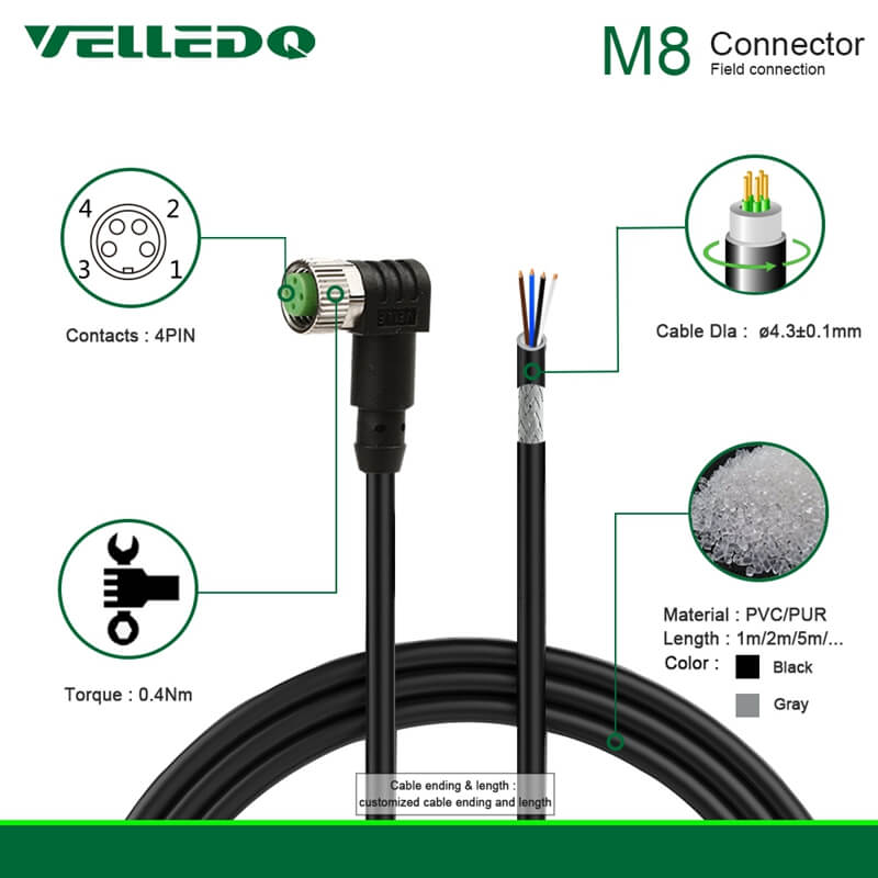 M8 Shielded 3/4Pin Right Angle Sensor Connectors With Field Assembly PVC Cables.