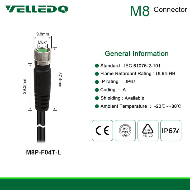 IP67 Pre-Wired Shielded M8 Straight 3PIN 4PIN A-Coding Connectors with 2M/3M/5M PVC Line/Wire.