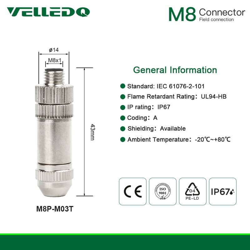 Industrial Waterproof Shielded M8 Metal Straight 3PIN 4PIN Circular Connectors.